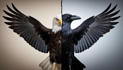 Fototapeta premium a bald eagle on the left and a raven on the right, both with outstretched wings. The bald eagle and the raven contrast in color and form.