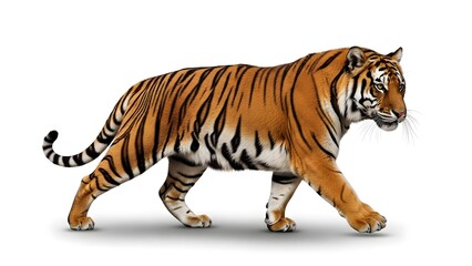 Fototapeta premium A majestic tiger walking in profile view on a white background