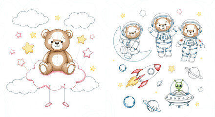 Cute teddy bear astronaut in space with rocket ship and alien plus sweet bear sitting on pink cloud for nursery wall art decor. © Sukhi