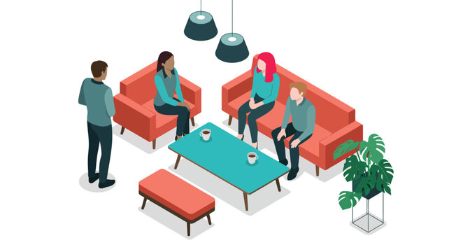 isometric illustration of diverse people sitting on sofa in therapy session discussing mental health support and counseling