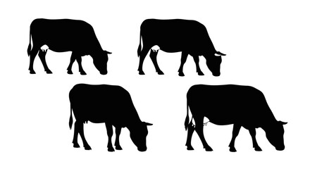 Black silhouettes of four cows grazing on a white background