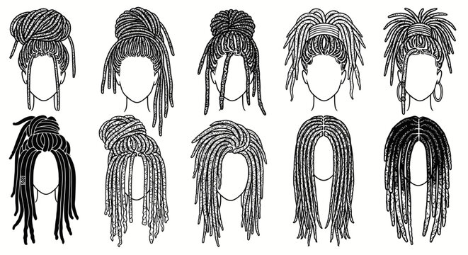 Dreadlocks Hairstyles Collection - Black and White Line Art