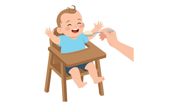 Happy Baby Boy Being Spoon-fed in High Chair