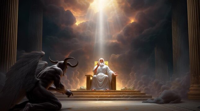 Winged demon kneeling then rising to offer a chalice to seated divine judge as heavenly light pierces a temple for spiritual judgement concept