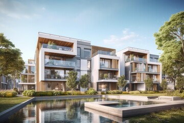 Fototapeta premium Modern luxury apartment complex offering contemporary living spaces surrounded by nature