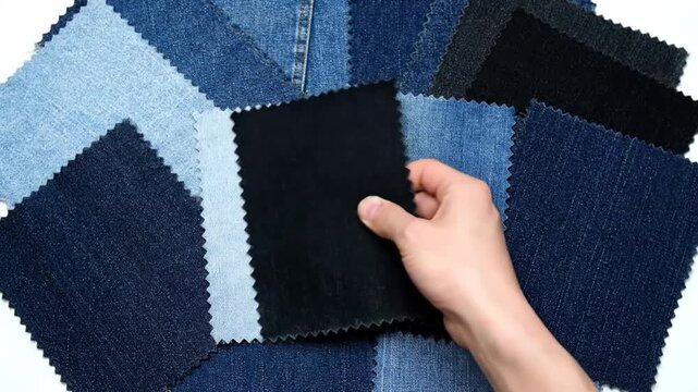 Sequence of hands arranging fabric swatches in shades of blue and black, resembling denim textures, creating a pattern from multiple chosen sample pieces.