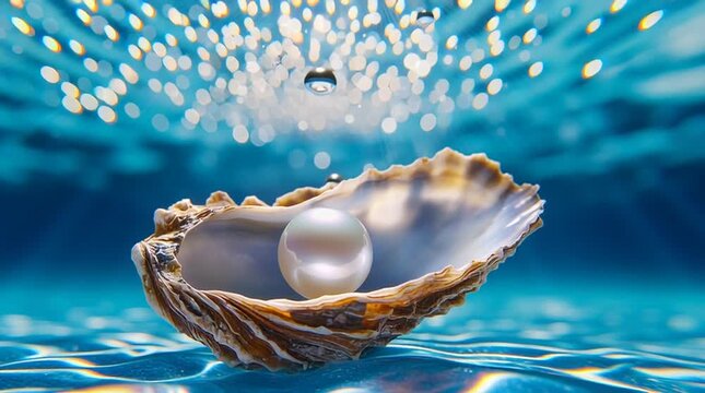 Slow tilt up and gentle bobbing of an open oyster shell revealing a luminous pearl underwater with sun rays and bokeh for luxury jewelry and beauty concept