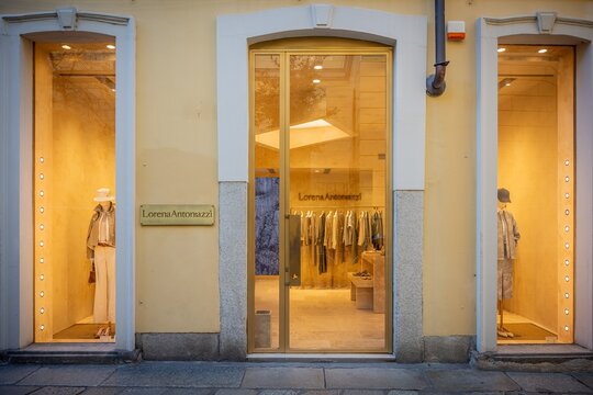 Milan, Italy - 2026, 17 Feb: Elegant Lorena Antonazzi boutique showcases SS26 collection with modern design, stylish window displays, and sophisticated fashion ambiance