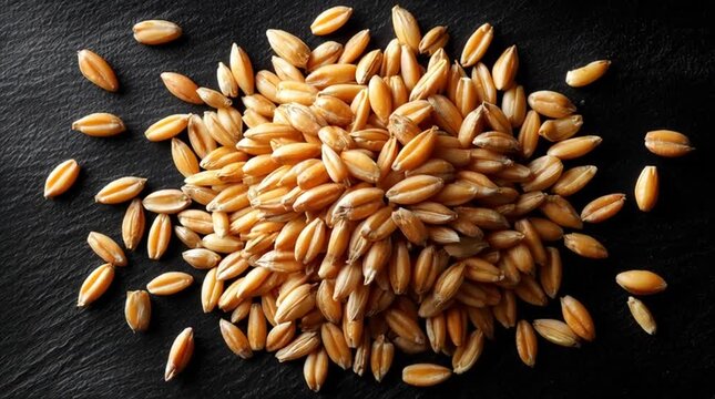 Slow close up reveal from golden wheat ears to scattered wheat grains on black slate with subtle tilt and focus shift for harvest and agriculture concept