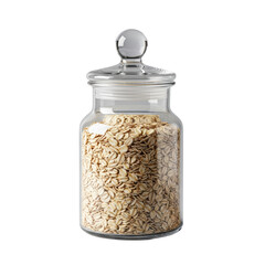 A single elegant glass apothecary jar filled with rolled oats, showcasing creamy beige and off-white textures, against a seamless transparent background with bright studio lighting. Minimalist pantry