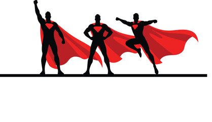Set of three black superhero silhouettes with flowing red capes in powerful standing and flying poses for leadership teamwork and motivation vector. © Sukhi