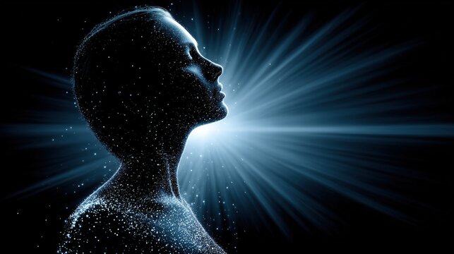 Silhouette of a woman filled with glowing particles and light rays, symbolizing spirituality, inner energy, meditation and harmony of mind and body. Banner with copy space