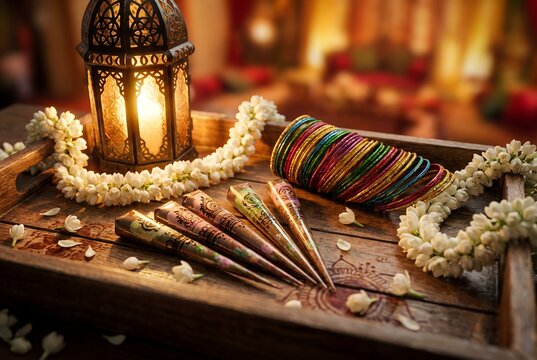 Eid Mubarak celebration still life with traditional henna cones, colorful bangles, jasmine flower garland, and glowing arabic lantern on wooden tray for ramadan and chand raat festivities