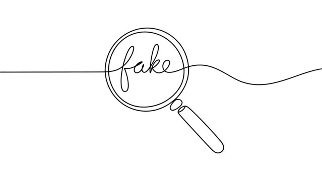 continuous line illustration of magnifying glass highlighting fake word symbolizing misinformation fraud scam detection and fact checking