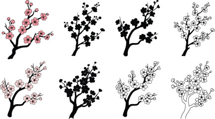 Set of cherry blossom branch illustrations featuring pink sakura flowers black silhouettes and line art for spring wedding invitation stationery and floral design vector. © Sukhi