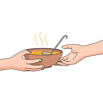 Minimalist Vector Illustration of Hands Sharing Steaming Soup Bowl in Friendly Flat Design