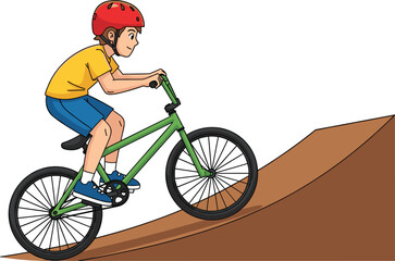 Naklejka premium Cute cartoon little boy riding a green bicycle up a hill wearing a red safety helmet for kids outdoor activity and fitness vector.