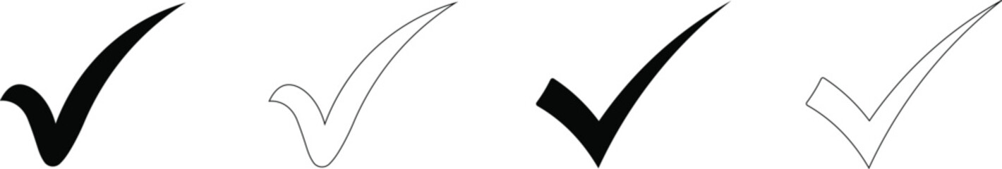 Checkmark icon set in solid black and outline styles on a transparent background, depicting different variations of tick marks © anamull2004