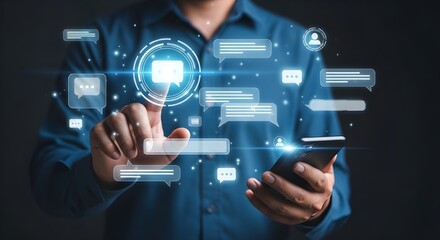 Naklejka premium Businessman using AI chatbots on smartphones for digital communication and customer service, filtering messages before replying to customers, intelligent systems in today's business and daily life.