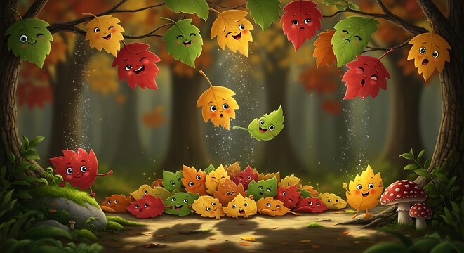 Cartoon leaves with friendly expressions in autumn forest setting