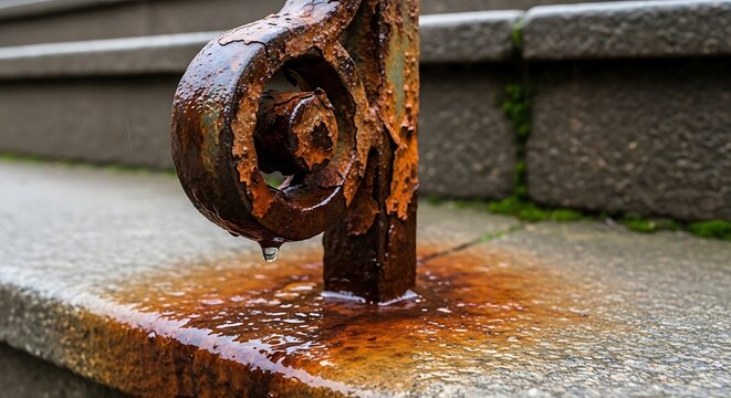 Close up of a weathered iron railing against a stone wall background