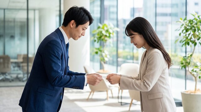 モダンな会議室で名刺交換をする日本人男性社員と女性社員