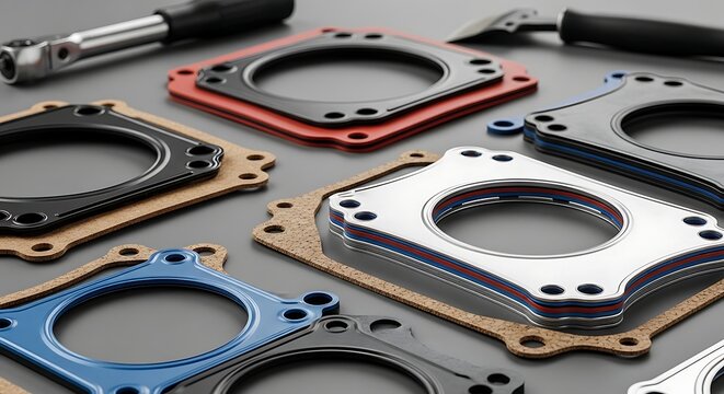 Close up of gaskets and tools on a surface engineering components