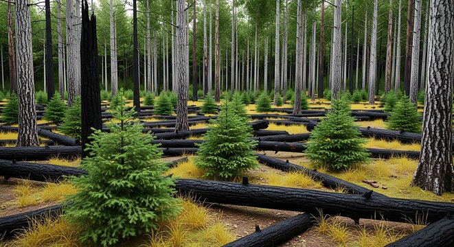 Selective logging in a forest with young trees and felled trunks on yellow undergrowth
