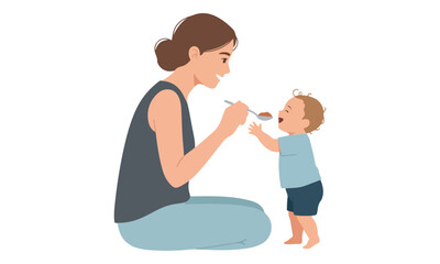 Obraz premium Mother feeding happy baby with spoon, toddler eating mealtime