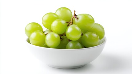 A simple arrangement of white-backed grapes in a small bowl, with their soft green color contrasting against the bright white background