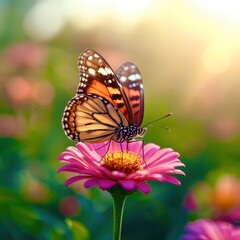 Obraz premium A butterfly is sitting on a pink flower