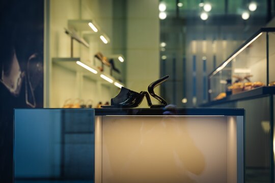 Milan, Italy - 2026, 17 Feb: Sergio Rossi SS26 luxury high heel showcased in a modern boutique window, highlighting elegant design and sophisticated style