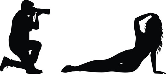 Photographer shooting female model silhouette, professional fashion photoshoot isolated black vector illustration glamour photography concept design © Shilpi