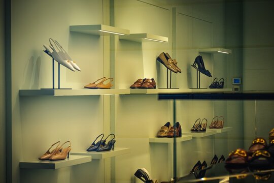 Milan, Italy - 2026, 17 Feb: Sergio Rossi SS26 collection showcased in a chic boutique, featuring elegant designer shoes and modern luxury display