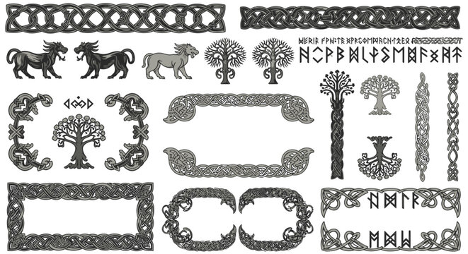 Nordic Viking Runic Borders and Celtic Woodcarving Vector Elements