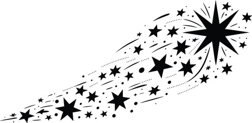 Shooting star trail silhouette with sparkling stars, dynamic comet vector illustration isolated on white background for festive decorative design © Shilpi