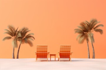 Fototapeta premium Two beach lounge chairs and a small table sitting on sand with palm trees and an orange background