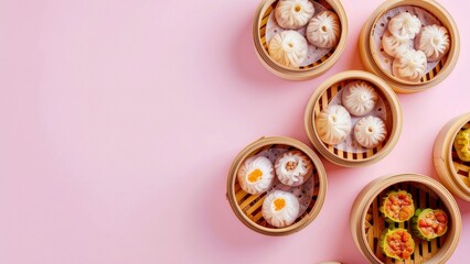 Fototapeta premium Top view of assorted dim sum in bamboo steamers on pastel pink background. Asian cuisine flat lay concept with copy space.