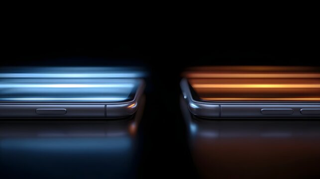 Two modern smartphones with glowing blue and orange light trails suggesting digital connection and data transfer against a dark background