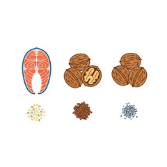 Minimalist Vector Illustration of Omega-3 Healthy Foods: Fish, Walnuts, Flax, Chia in Flat Design