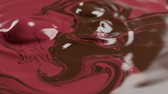 Delicious swirling mix of dark chocolate and rich strawberry liquid, abstract food background, creamy and indulgent texture.