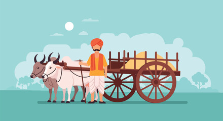 Fototapeta premium Indian farmer with oxen cart agriculture rural life.