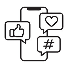 Social Media Marketing Line Icon Set with Smartphone, Like, Heart and Hashtag Symbols Vector Illustration