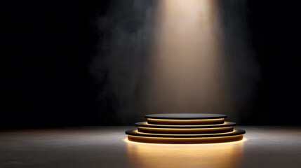 Obraz premium Illuminated Stage: A captivating view of a sleek, multi-tiered stage bathed in a spotlight. Evoking feelings of anticipation, this image is perfect for showcasing product