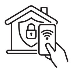 Smart Home Security System Line Icon with Mobile App Control and Shield Protection Vector