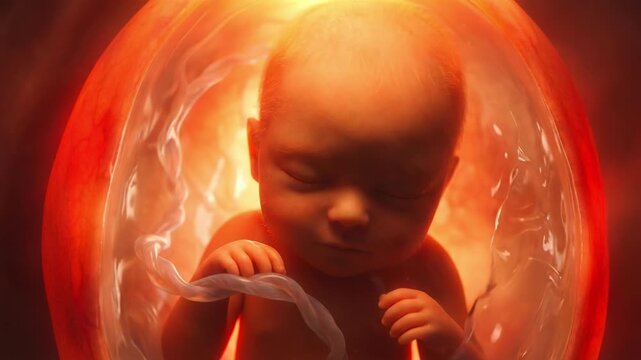Unborn human fetus floats peacefully inside the glowing red amniotic sac connected by an umbilical cord representing early biological development and medical maternity healthcare concepts
