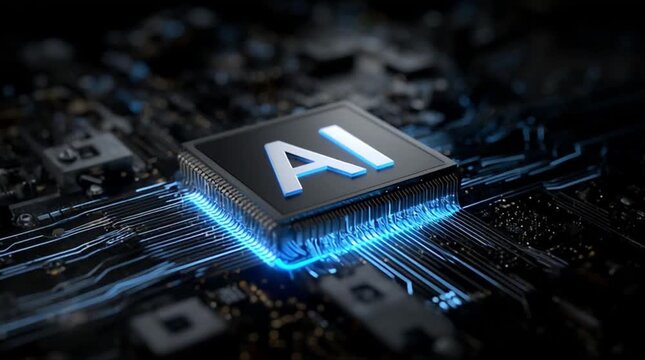 Core AI processor chip with glowing blue digital circuits and intelligence neural network (AI Generated)