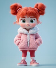 Fototapeta premium Colorful 3D illustration of cheerful young girl wearing hoodie and cargo pants, standing poses playfully in minimalistic environment, showcasing sense of joy, youthful energy. vibrant character design