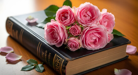 a book with pink roses on top of it