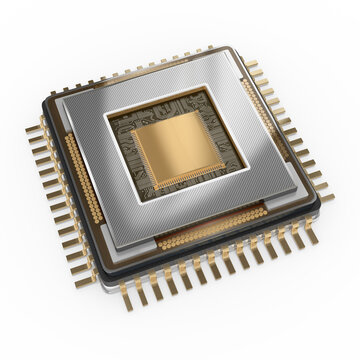 3d CPU undMicroprozessor, Microchip mit goldenen Kontakten freigestellt ohne Hintergrund
